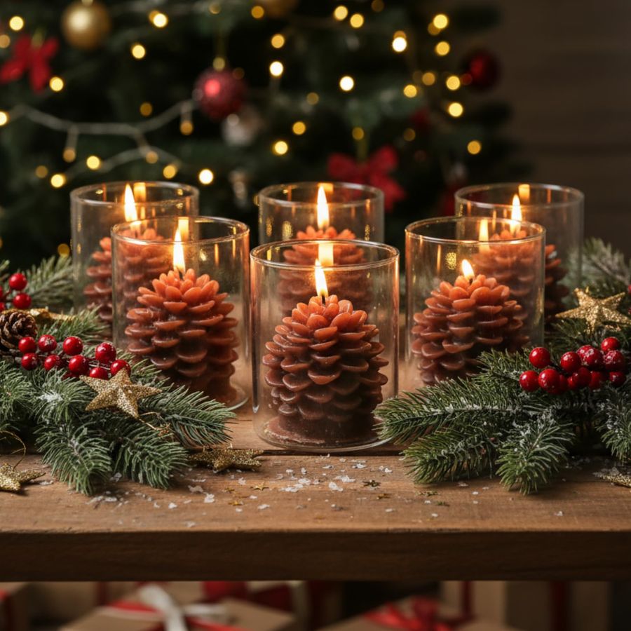6 Sets Pine Cone Candles Flamm - Holiday Candle Set reseña y precio