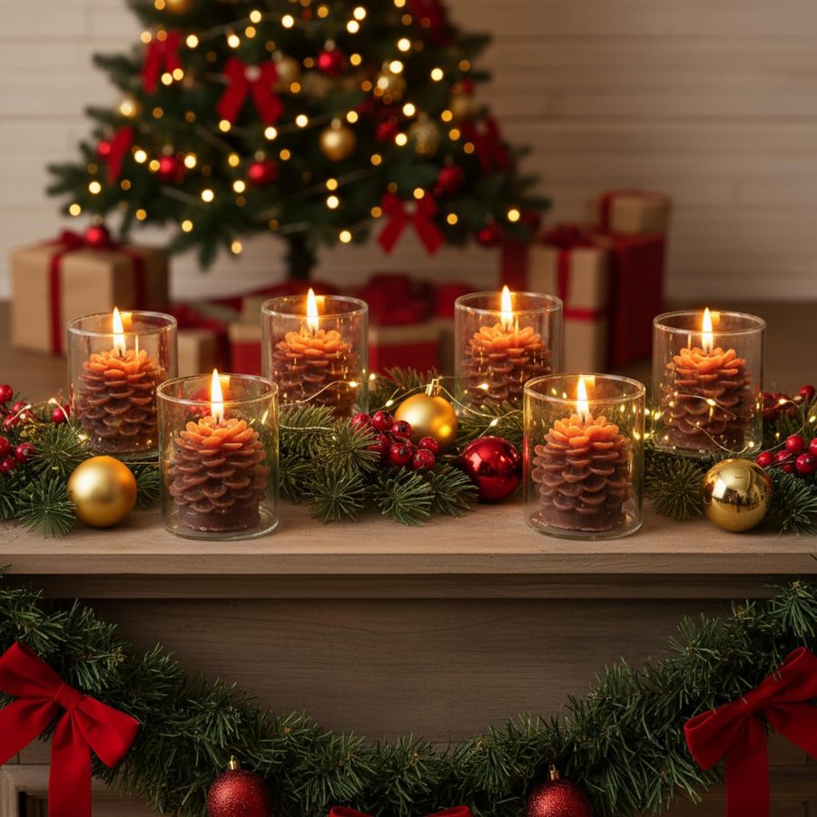 6 Sets Pine Cone Candles Flamm - Holiday Candle Set reseña y precio