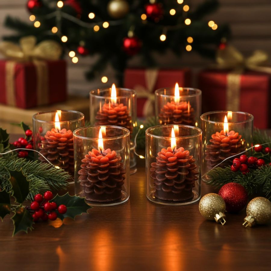 6 Sets Pine Cone Candles Flamm - Holiday Candle Set reseña y precio